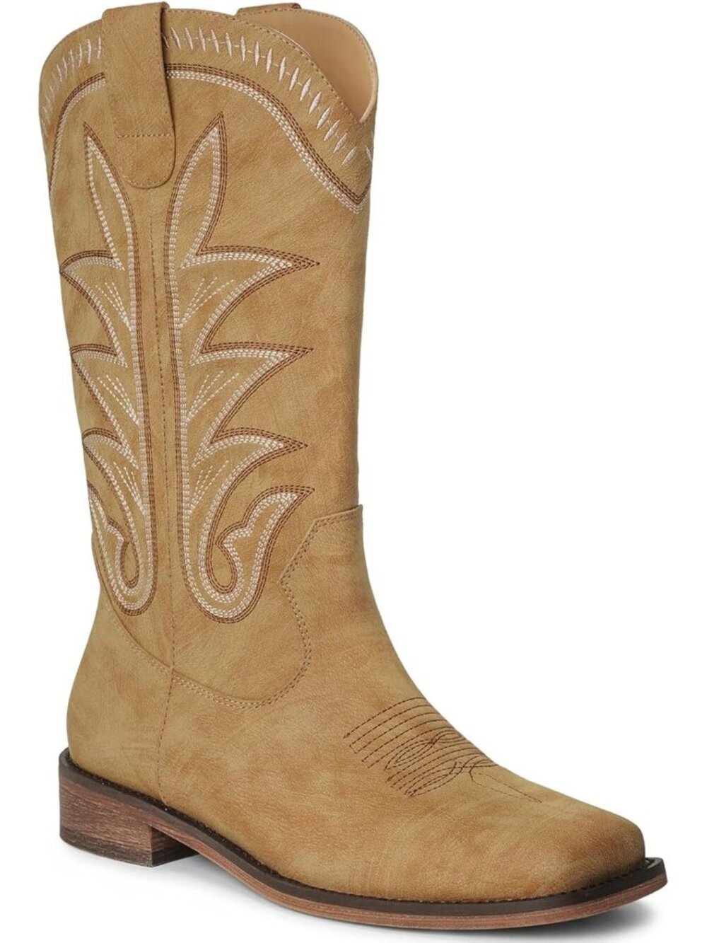 Women Camel (PU) Wide Square Toe Western Cowboy Cowgirl Mid Calf Country Boot